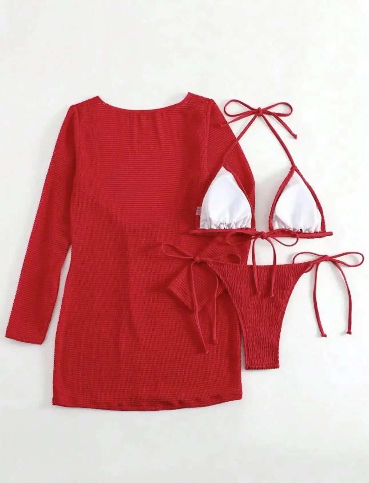 2026 Beach Skirt Swimsuit Women White Three-Piece Bikini Sexy Mesh Long Sleeve Hollow Out Bathing Suit Swimwear Summer Beachwear