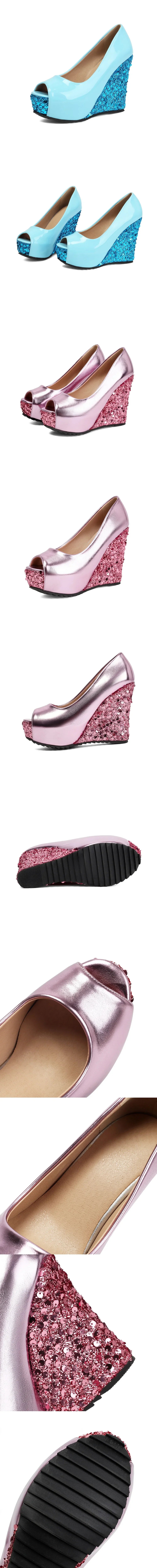 Plus Size Elegant Sequined White Chunky Platform Pumps Women's Black Pink Peep Toe Wedges High Heels Shoes for Party Wedding