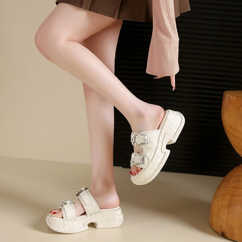 Luxury Rhinestone Thick Bottom Sandals Women 2026 New Silk Satin Embroidery High Heel Sandals Woman Summer Thick Heeled Slippers
