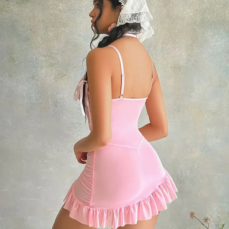 Women's Sexy Lingerie Nightgown Lace Thin Halter Exquisite Sleepwear Erotic V-Neck Nightdress Panty Set Nighties