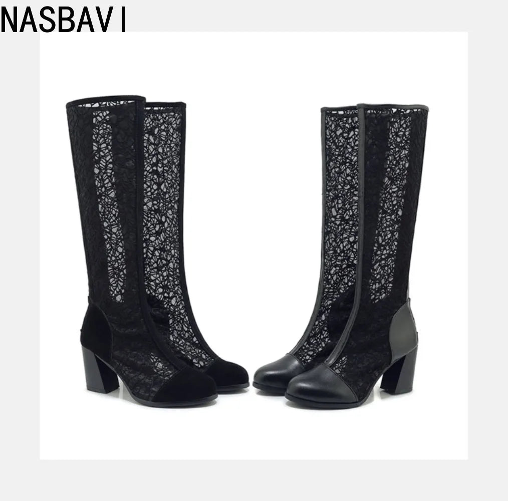 Spring and Autumn New Fashion Square Heel Mesh Hollow Women's Sweet Breathable Knee Long Sandals Boots High 7.5cm Size 33-43