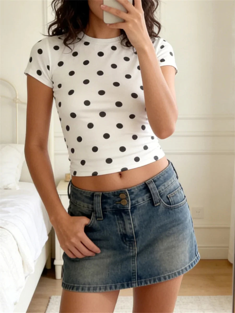 Summer Women's Cropped Tee Top Short Sleeve Round Neck Dot Pattern Slim Fitted T Shirt Streetwear