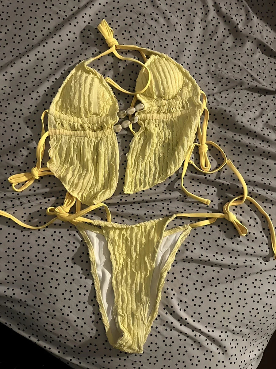 S - XL Wrinkled Tankini Halter Micro Bikini Women Swimwear Female Swimsuit Two-pieces Bikini Set High Cut Bathing Suit Swim Lady