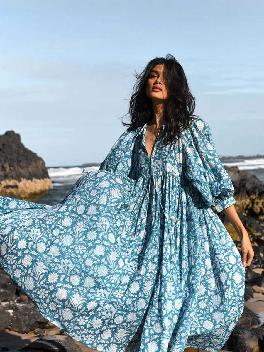 Foridol Lantern Half Sleeve Cyan Bohemian Beach Midi Loose Dress Summer for Women Tie Up Casual Floral Holiday Midi Vestidos