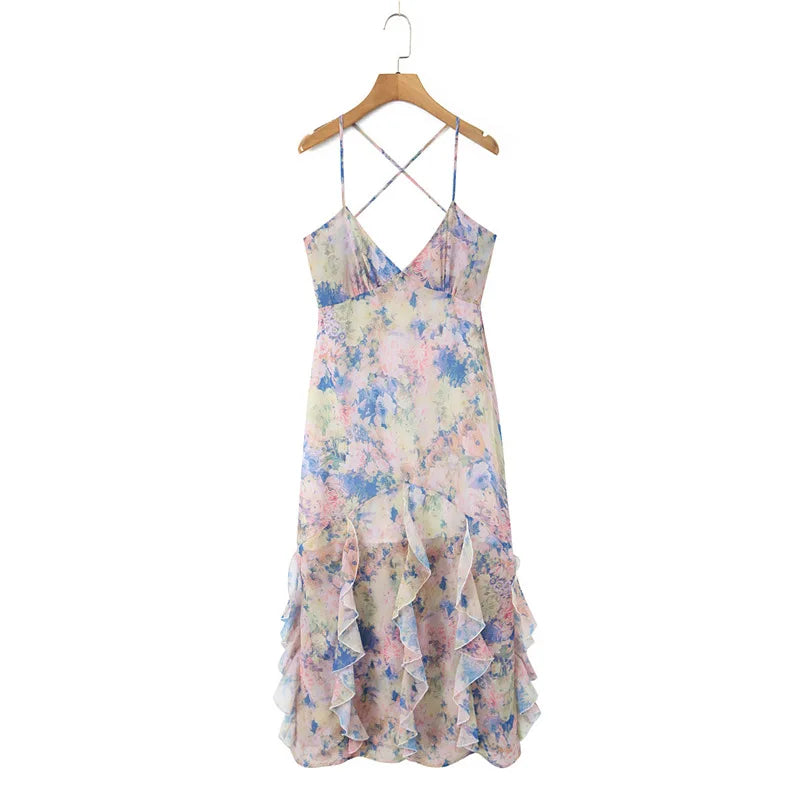 Sexy Backless Cross-strap Dress Elegant For Women With Stylish Design Ruffle Trim Slim Fit Fairy-style Beach Dress Charming FD1T