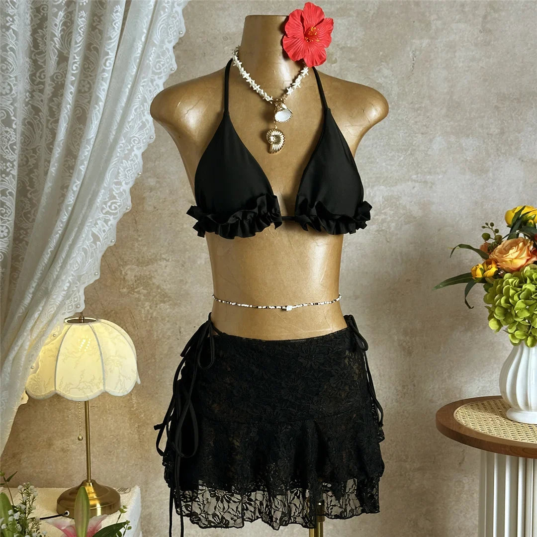 With Skirt Ruffled Frilled Halter Bikini Female Swimsuit Women Swimwear Three-pieces Bikini set Bather Bathing Suit Swim V7788