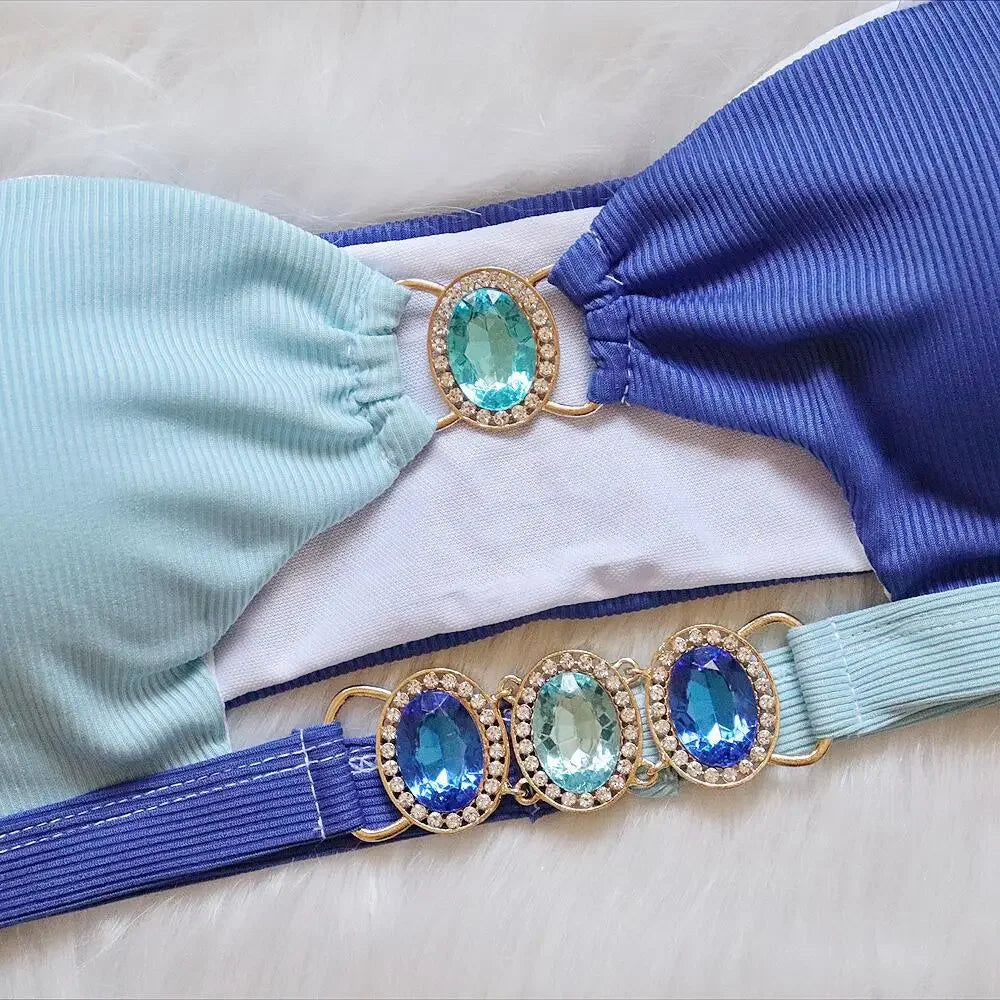 Luxuryt Bandeau Bikini 2025 Woman Sexy Orange Patchwork Cut Out Rhinestone Swimsuit Bathing Suit Thong Swimwear Traje De Baño