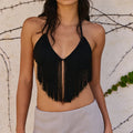 Women's Halter Neck Lingerie Bralette Elegant Solid Color Tassel Sleeveless V Neck Crop Tops for Dance Disco Club Daily Wear