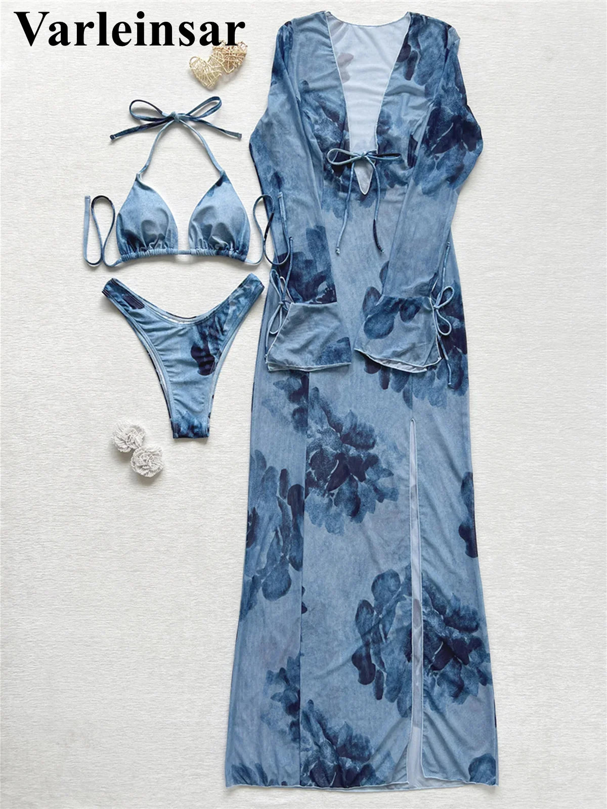 With Long Sleeve Cover Up Printed Bikini Women Swimwear Female Swimsuit Three-Pieces Bikini Set Bather Bathing Suit Swim V8389
