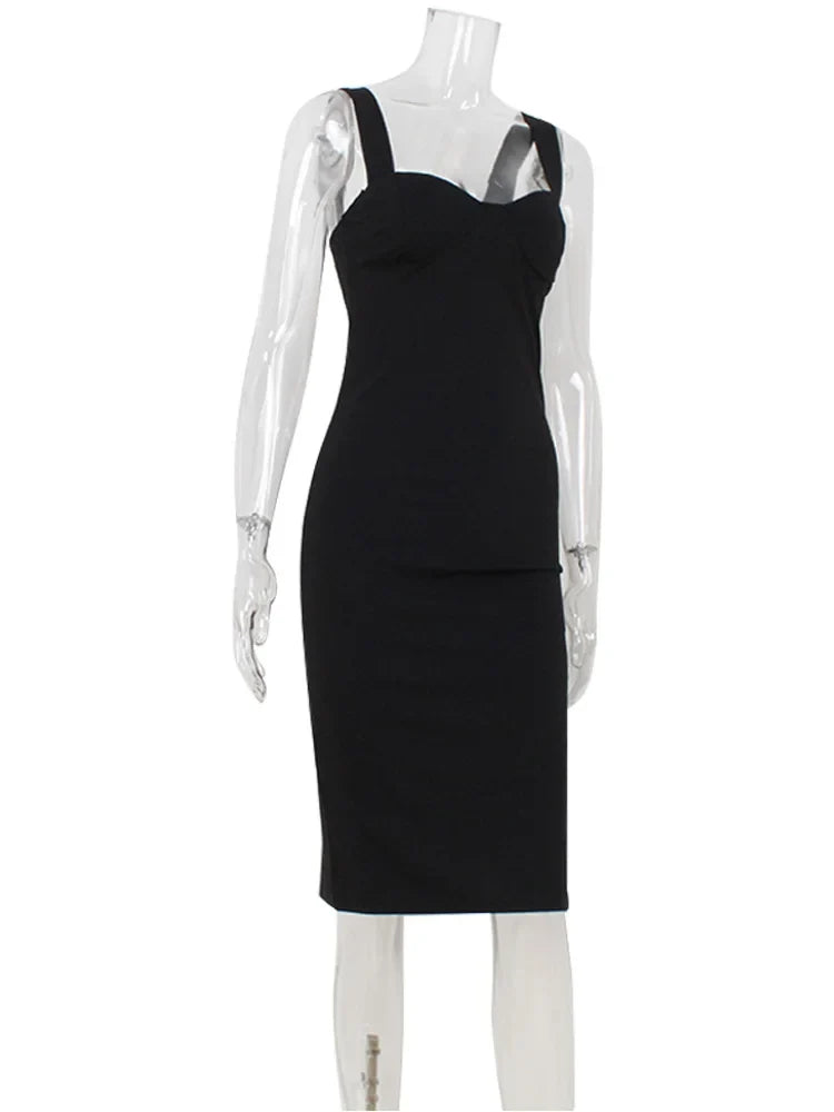 Ahagaga Elegant Women's Maxi Dresses Solid Camisole Square Collar Sleeveless Sheath Bodycon Slim Fit Party Female Vestidos Robes