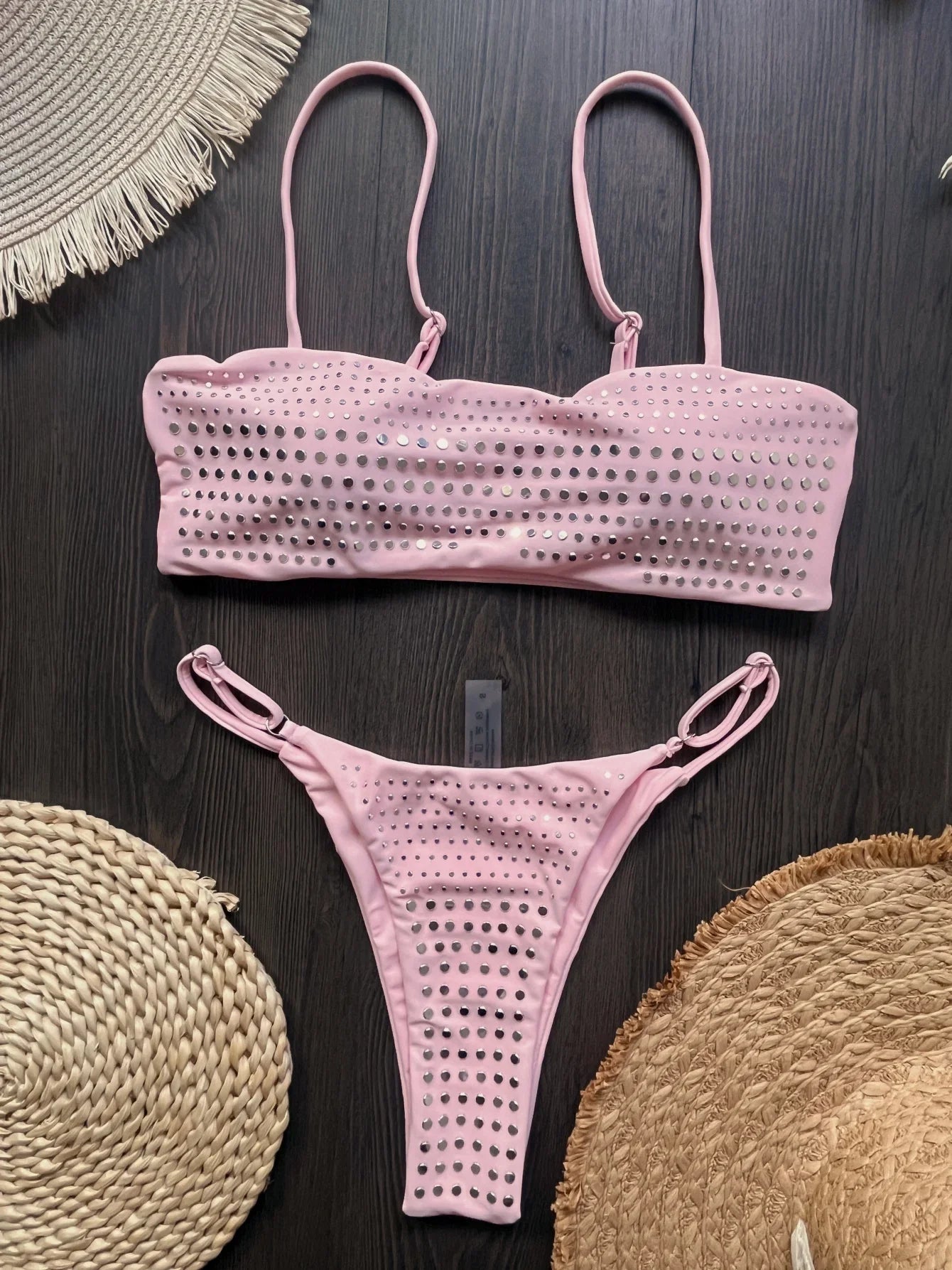 Black rhinestone process bikini sexy thong split swimsuit 2-piece beach set