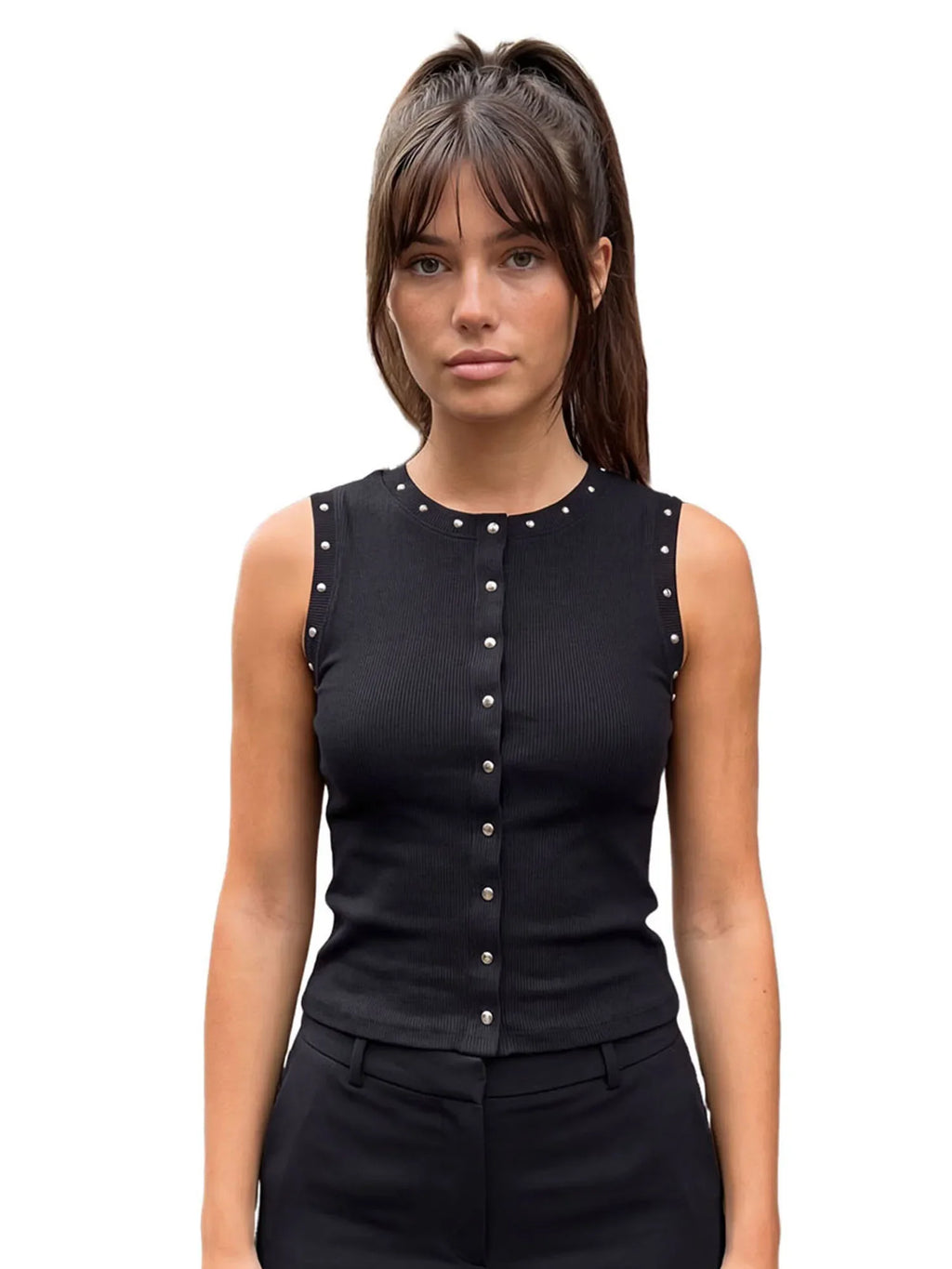 Summer Women's Studded Tank Tops Casual Stylish Button Down Crew Neck Slim Fit Sleeveless Vest Ribbed Gothic Punk Street