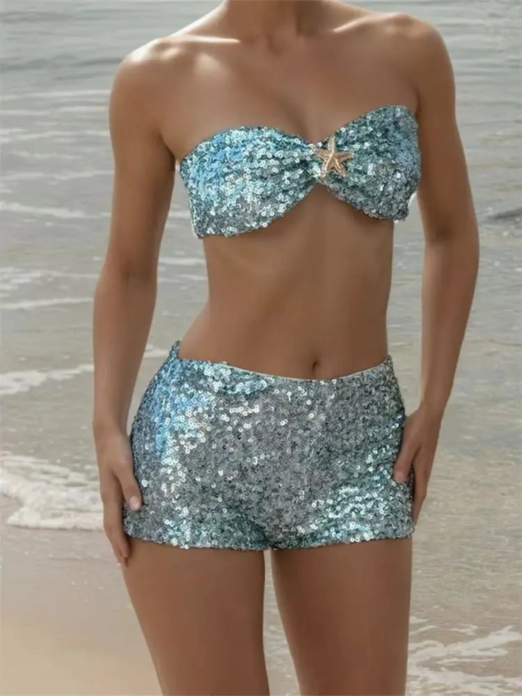 Women's Sequined Outfit Strapless Bra Tops and Slim Fit Shorts 2 Pcs Set for Spring Summer