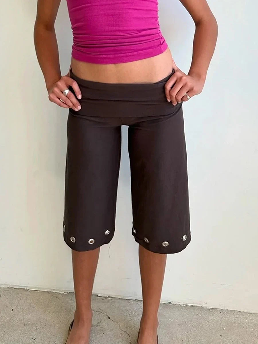 Women Capris Pants Summer Elastic Waist Solid Color Eyelets Casual Short Trousers Streetwear for Daily