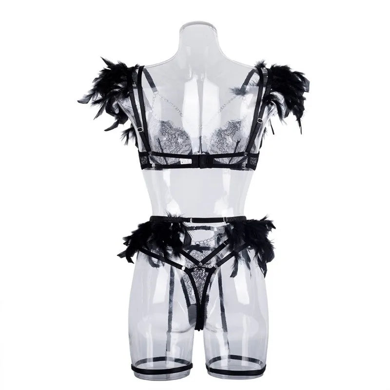 Toucheart 4 Piece Set Fun Lingerie For Women Feather Lace Splicing Chain Sexy Slim Mesh See-Through Sexy Lingerie Garters Suit
