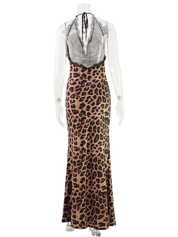 Ahagaga Sexy Women's Maxi Dresses Leopard Halter Backless Bodycon Slim Fit Deep V-Neck Bandage Print Party Eelgant Vestidos