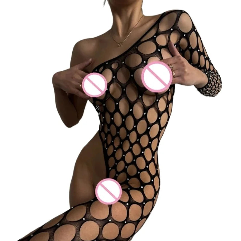 Toucheart Sexy Lingerie Women's Jumpsuit Shiny Diamond Fishing Net One-sleeved Leg Jumpsuit Sexy Hollow Out See-through Jumpsuit
