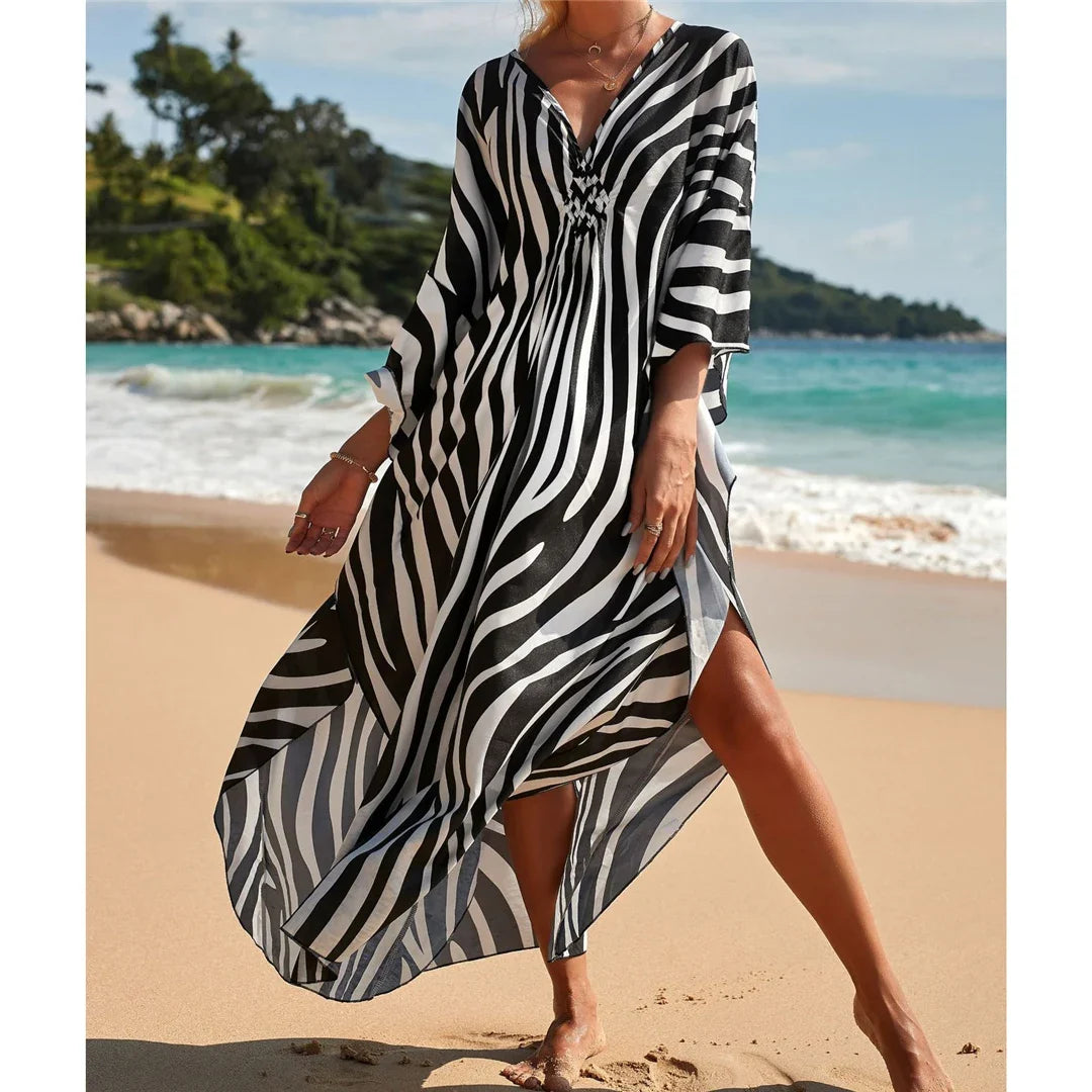 Sexy Zebra Printed V Neck Tunic Beach Cover Up Cover-ups Beach Dress Beach Wear Beachwear Beach Long Dress Female Women V4159