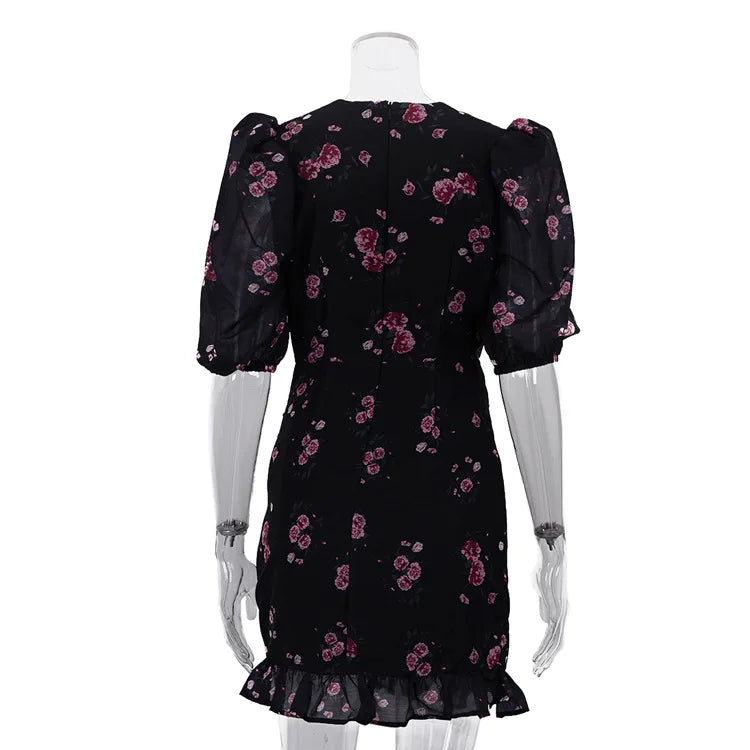 FDYOUI Elegant V-neck Floral Printed Short Dress High Street Women's Puff Sleeve High Waist Tunics Ruched Vacation Party Dresses