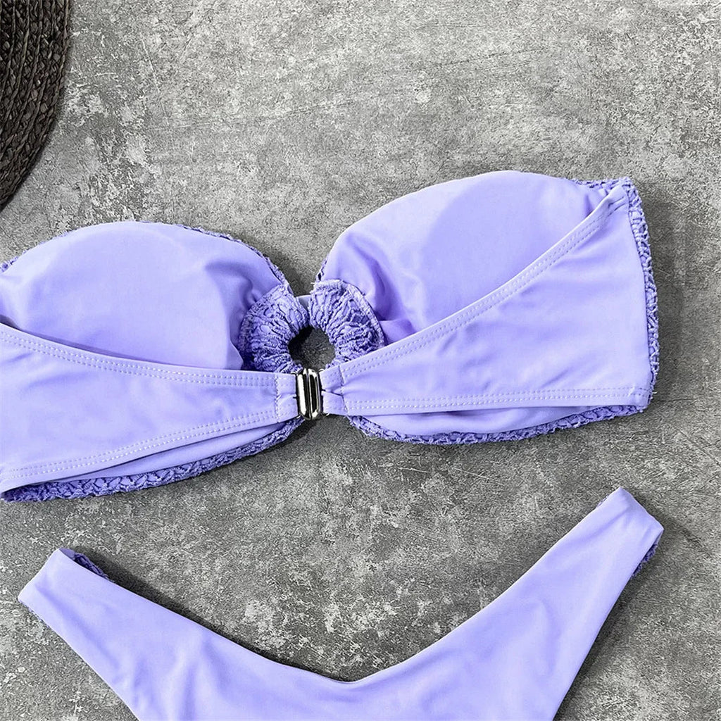 Wrinkled Bandeau High Cut Bikini Women Swimwear Female Swimsuit Two-Pieces Bikini Set Strapless Bather Bathing Suit Swim V3367