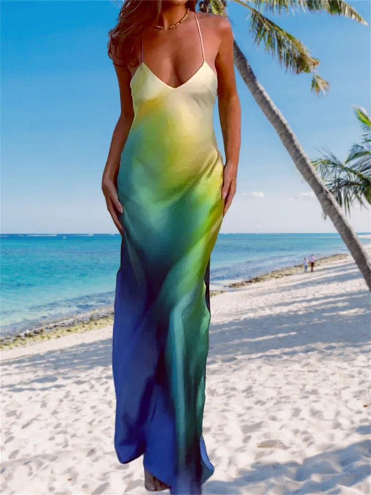Women's Summer Cami Long Dress Gradient Color Spaghetti Strap V-Neck Backless Beach Evening Party Dress