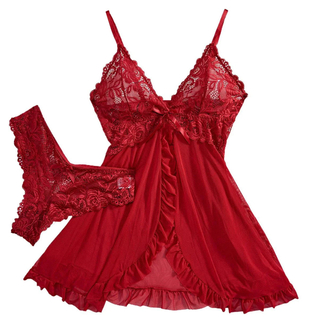 Transparent Red Lingerie Women's Underwear Sleepwear Lace Nightdress And Panty Pijamas Sets Female Nighty