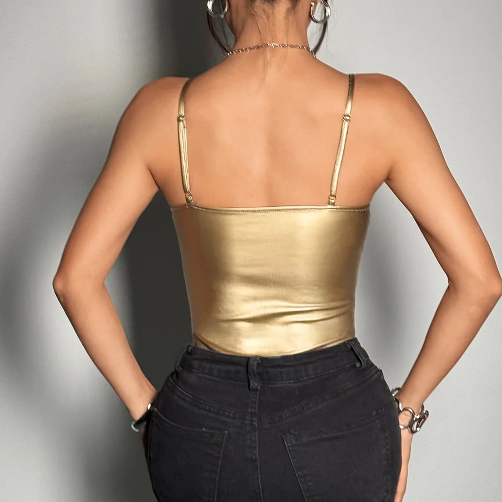 Shiny Sequins Silver Patchwork Bodysuit Women PU Leather Fishbone Rompers Hanging Neck Underwired Slimming Bodycon Bodysuit