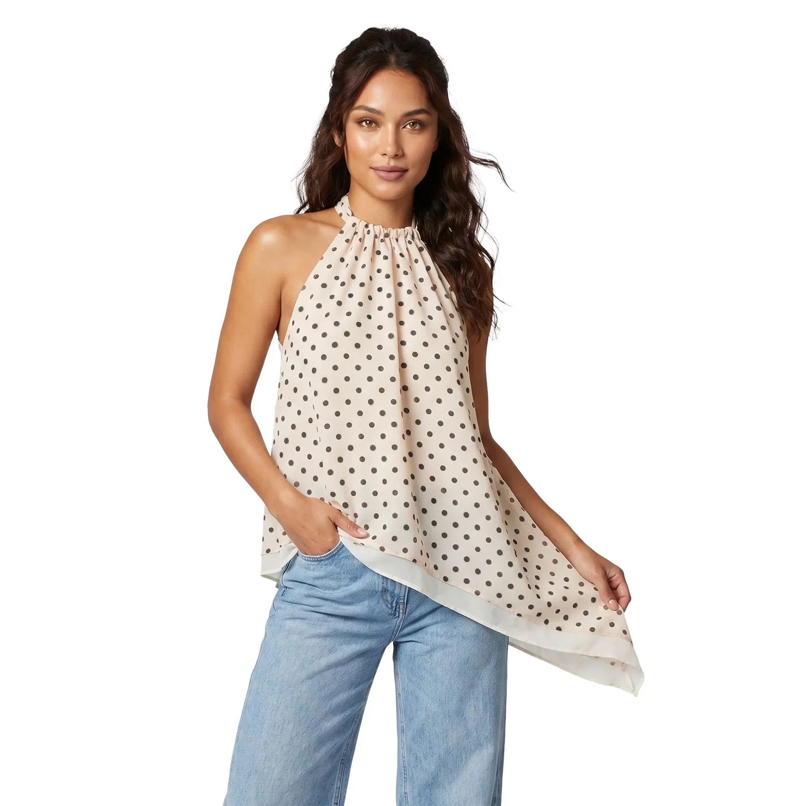 Women's Summer Solid Color/Dot Print Halter Tops Stylish Layered Asymmetrical Handkerchief HemSleeveless Vest