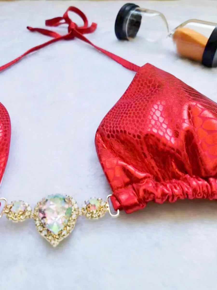Snake Skin Rhinestone Diamond Bikini Female Swimsuit Women Swimwear Two-pieces Bikini Set High Cut Halter Bathing Suit Swim Lady