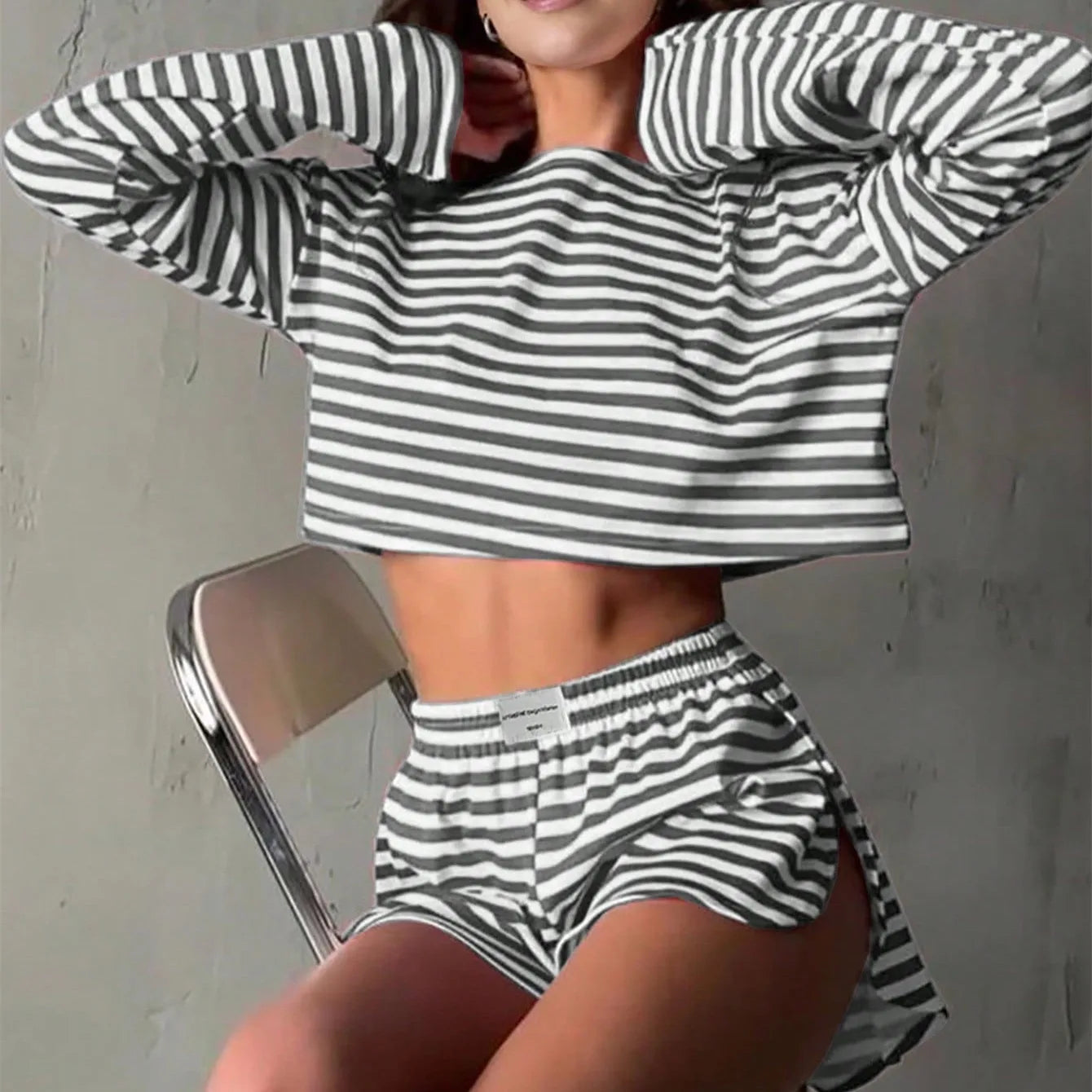 Summer Striped Pajama Sets for Women Sleepwear Long Sleeve Top and Shorts 2 Piece Set Casual Home Wear Loungewear