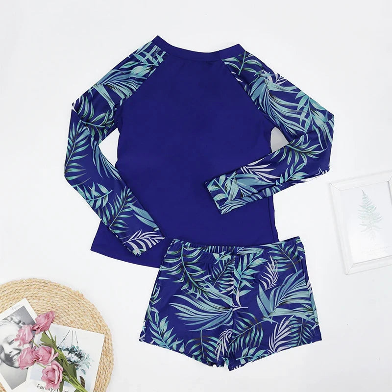 Women Two Pieces Vintage Print Rash Guard Swimwear Long Sleeve Shirt Shorts Surf Top Retro Print Running Shirt Split Swimsuit
