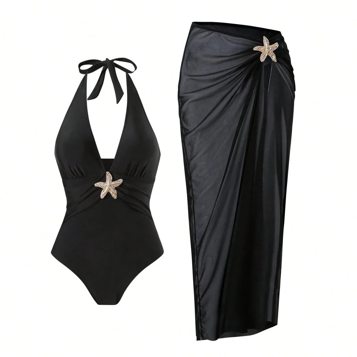 Vintage Black White Long Skirt Swimwear Sets Women Deep V Neck Starfish Hollow Out Bathing Suit Holiday One Piece Swimsuit 2026