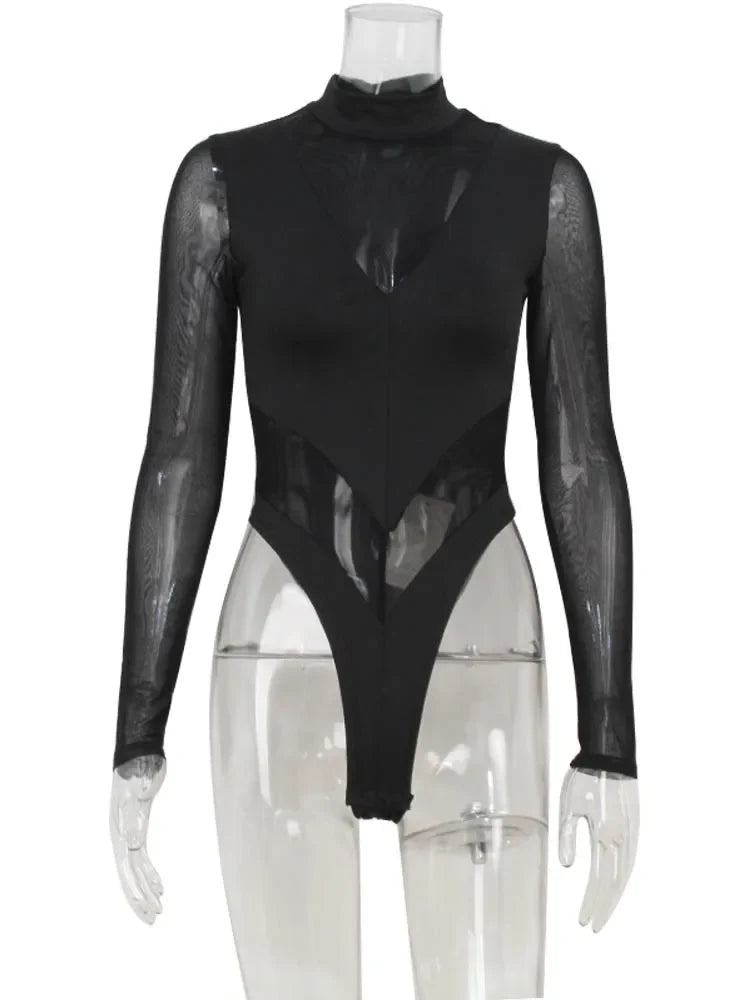 Ahagaga Sexy Mesh Women's Bodysuits See Through Skinny Turtleneck Solid Regular Long Sleeves Slim Fit Streetwear Rompers T Shirt