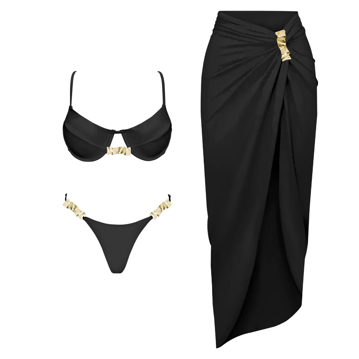 3Pc Push Up Bikini With Cover Up Women Sexy Swimsuit Female Swimwear Bandeau Biquini Shiny Button Bathingsuit Bodysuit Beachwear