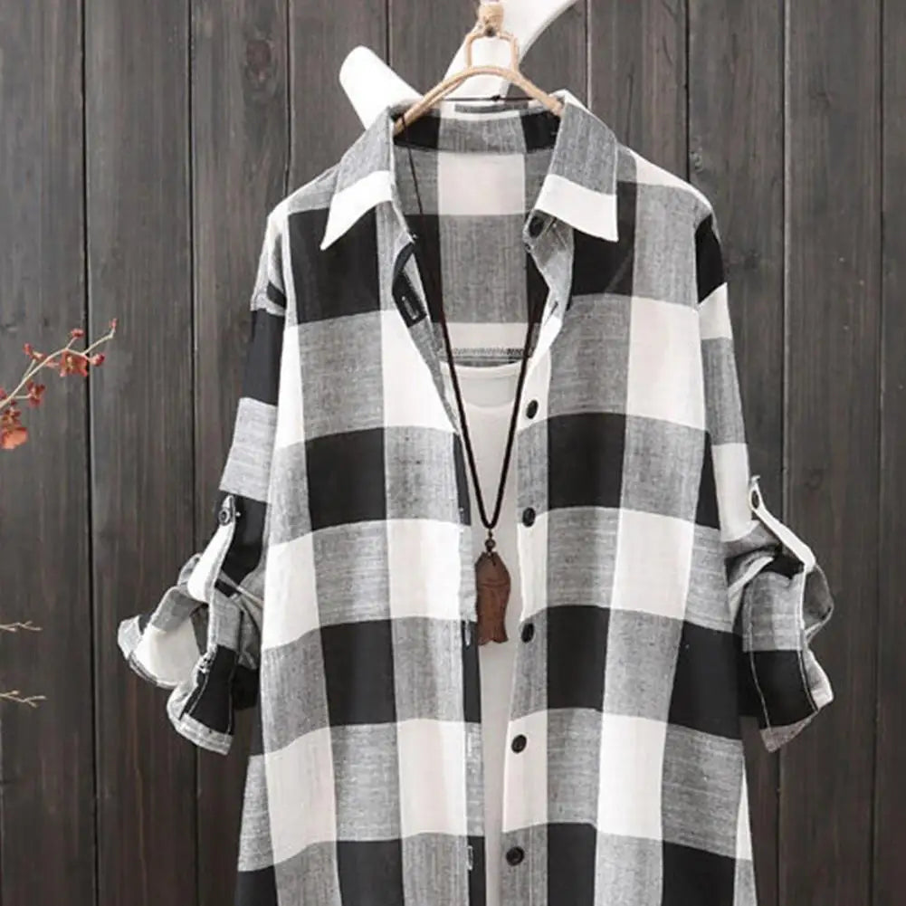 Long Sleeve Lapel Oversized Shirts Women Shirt Plaid Print Irregular Hem Single-breasted Soft Breathable Lady Long Top
