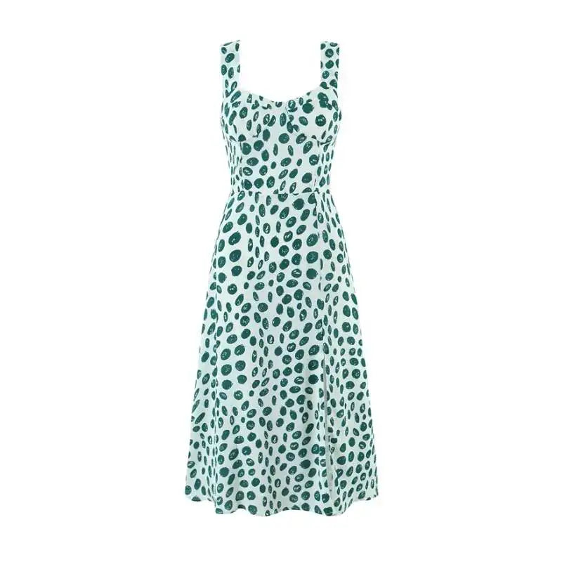 French Style Low-cut Polka Dot Print Camisole Dress For Women Sexy Side Slit Waist-cinching Mid-length Beach Dress Charming WYLB