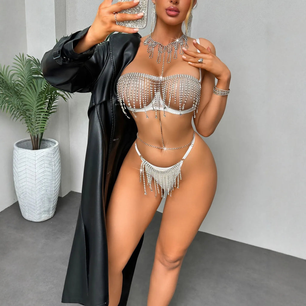 European and American erotic lingerie, sexy rhinestone bra and panties three-piece set