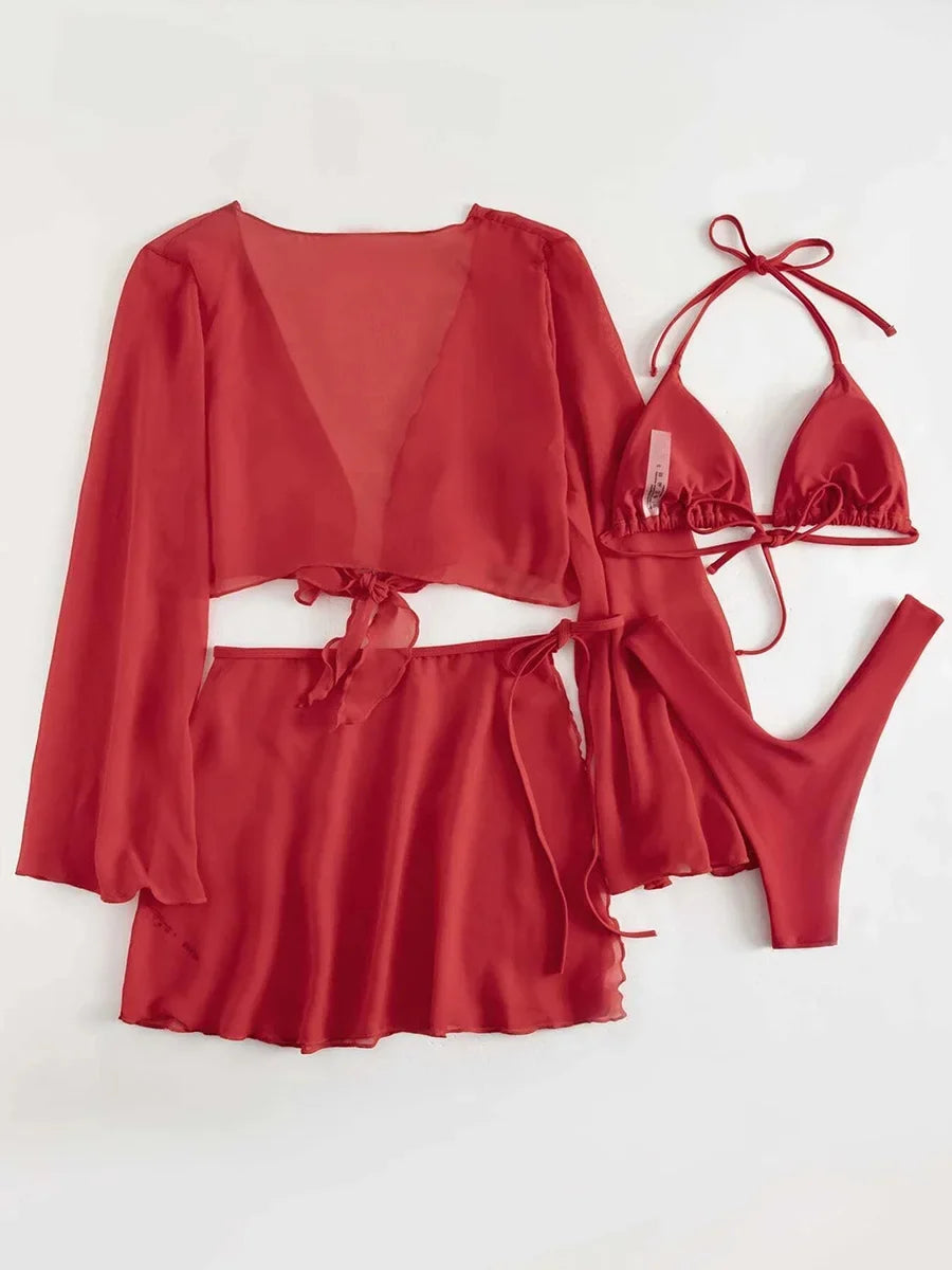 4PCS with Mesh Sarong Cover Up Long Sleeve Bikini Female Swimsuit Women Swimwear Four-pieces Bikini Bathing Suit Swim Beachwear