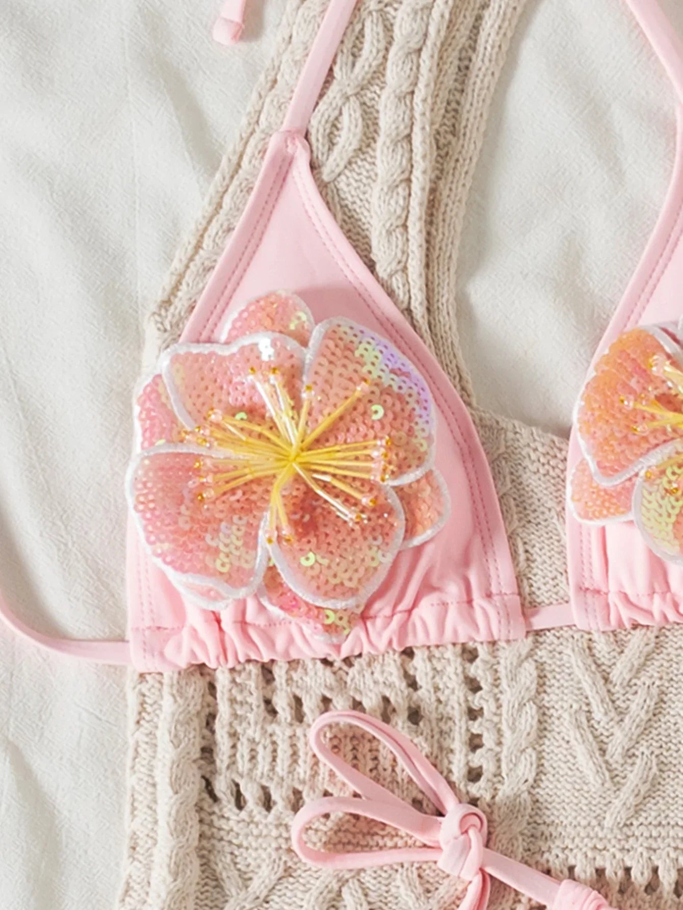 sexy 3d sequine flower pink bikinis sets two pieces swimsuits halter tie thong Swimwear Biquini conjunto de bikini tankini