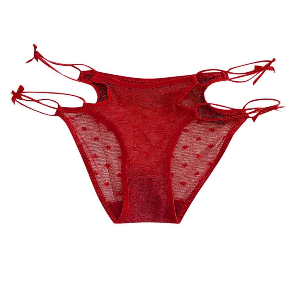 2026 Womens Briefs Sexy Love Mesh Transparent Low Waist Triangle Pants Thin Bow Knot Hollow Breathable Thongs Ruffled Panties