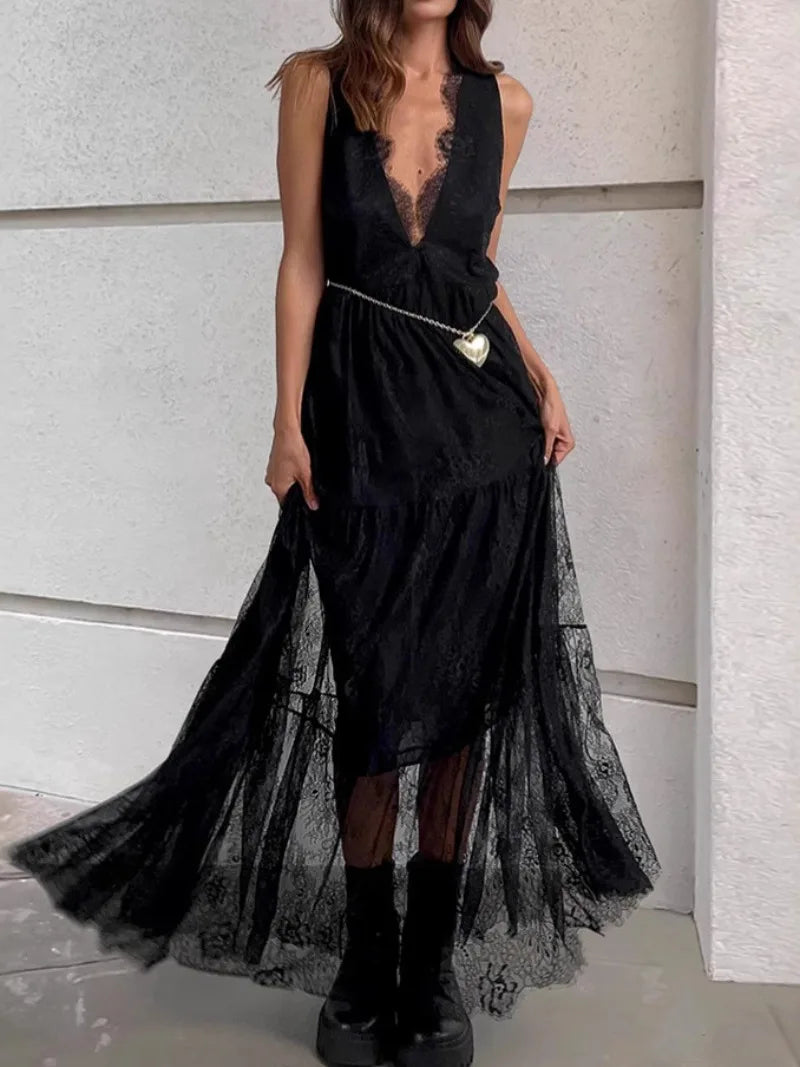 Sexy Deep V-neck Sleeveless Lace Dress Streetwear Women 2026 Backless Tunics A-line Party Dresses Long Maxi Robe Black White