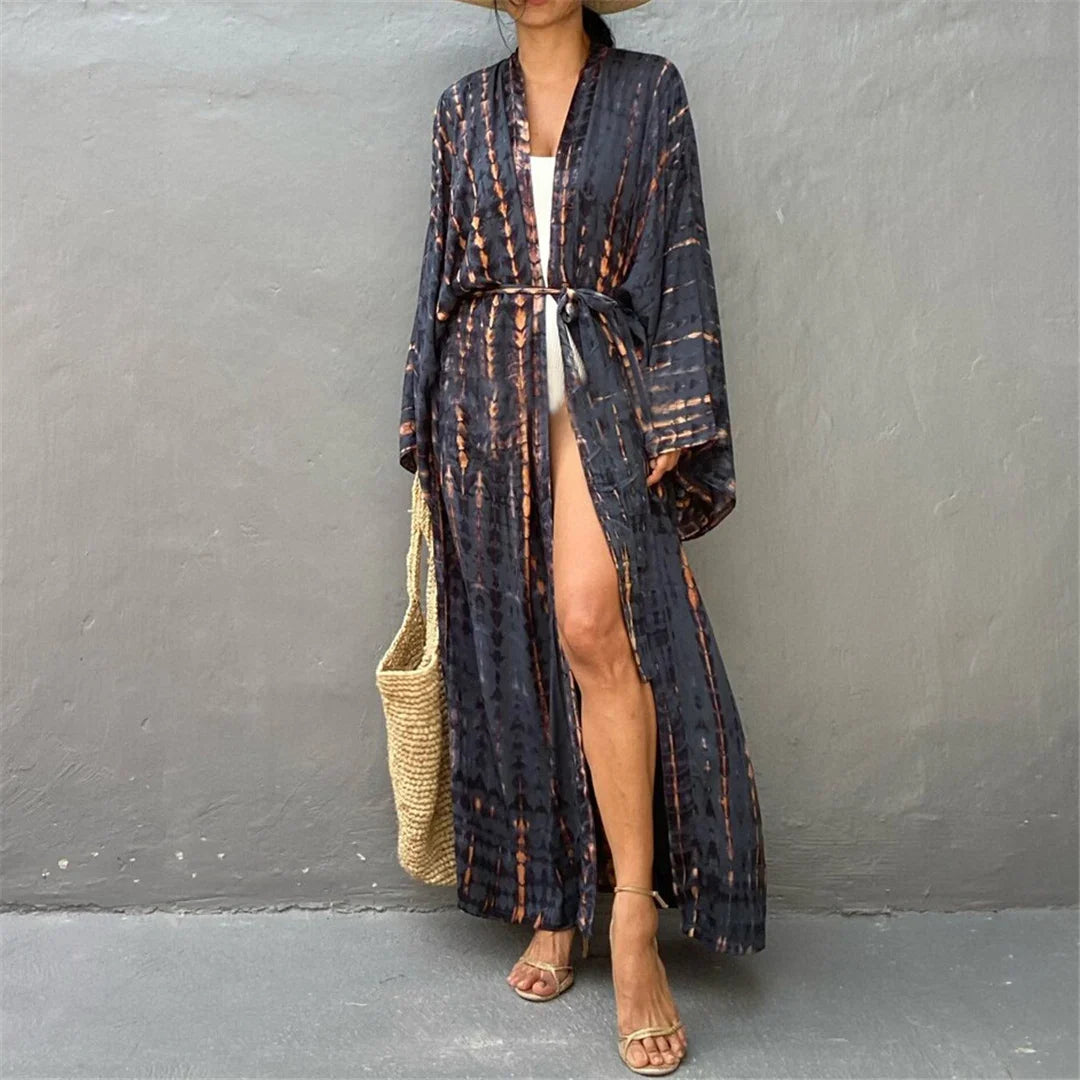 New 10 Colors Printed Long Sleeve With Belt Tunic Beach Cover Up Cover-ups Beach Dress Beach Wear Beachwear Female Women V4521