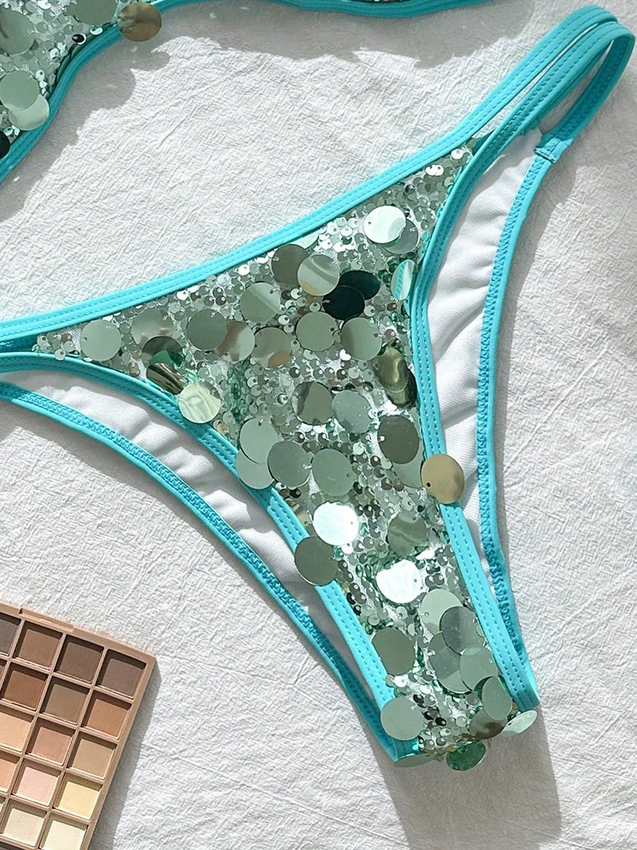 XS - L Glitter Sparkling Squins Bikini Female Swimsuit Women Swimwear Two-pieces Bikini Set Halter High Cut Bathing Suit Swim