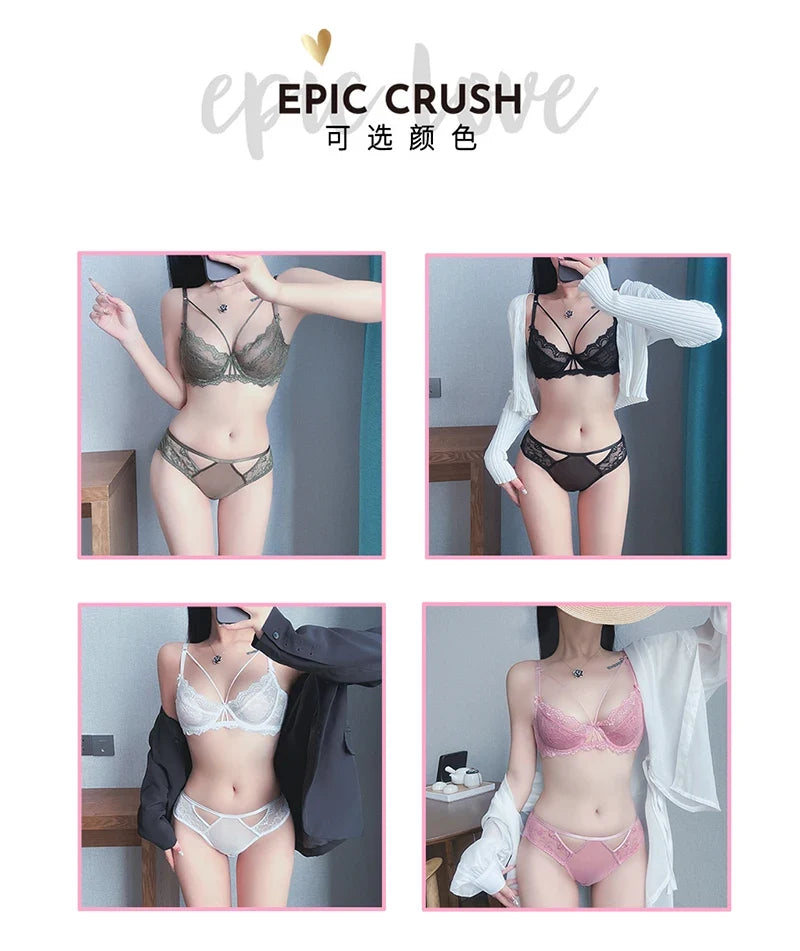 Sexy Lace Bra Set Large Breasts Ultra Thin Full Coverage Push Up Effect Big Cup Supporr Detachable Straps Pure Sensual Underwear