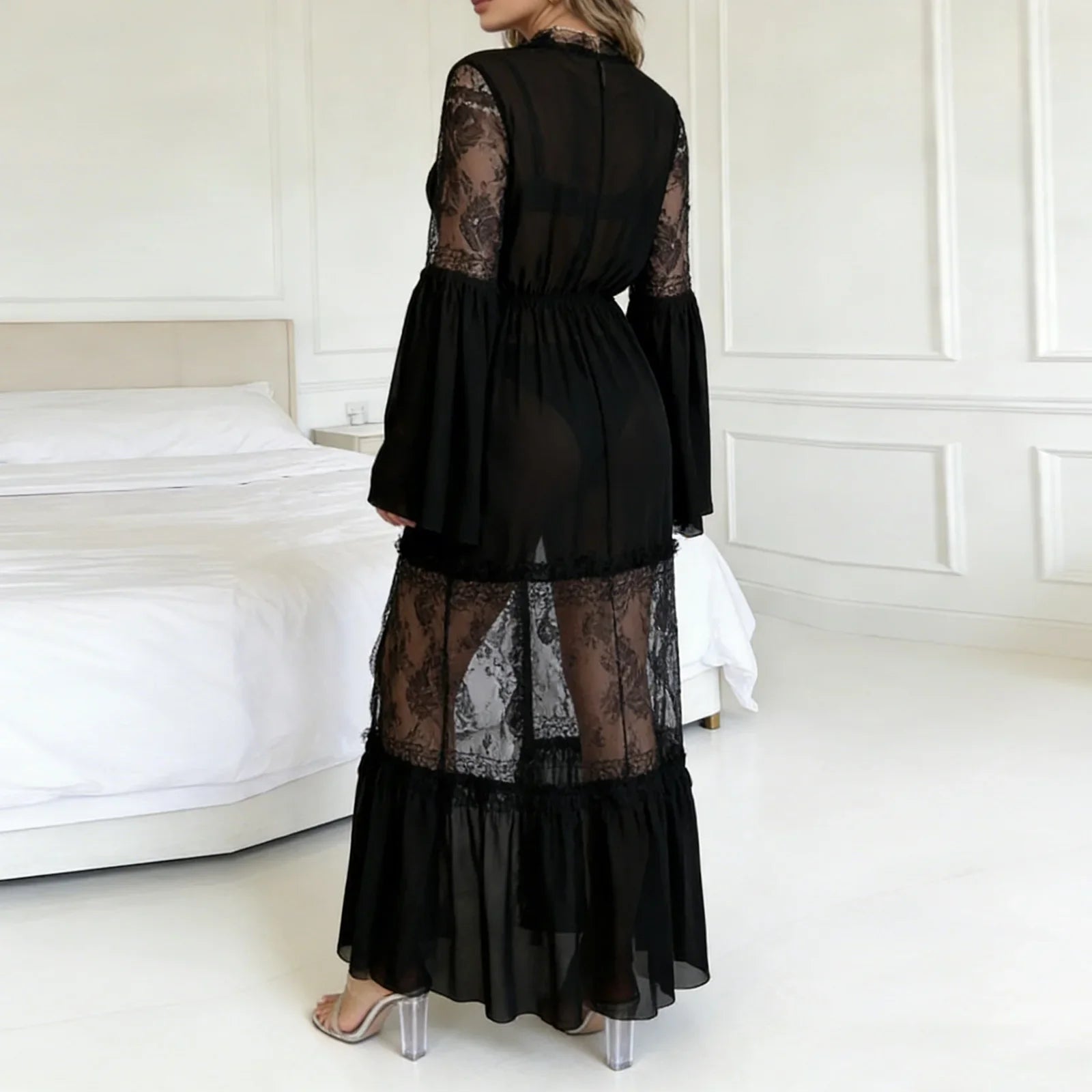 Women Black Sheer Lace Maxi Robe Bell Sleeve V Neck Ruffle Hem Mesh Loungewear Elegant Nightgown Cover Up for Ladies