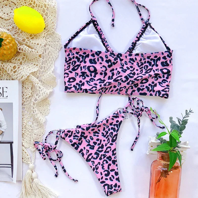 Sexy High Cut Leopard Bikini Women Thong Swimwear Female Swimsuit Two-pieces Bikini set Lace Up Bather Bathing Suit Swim Lady