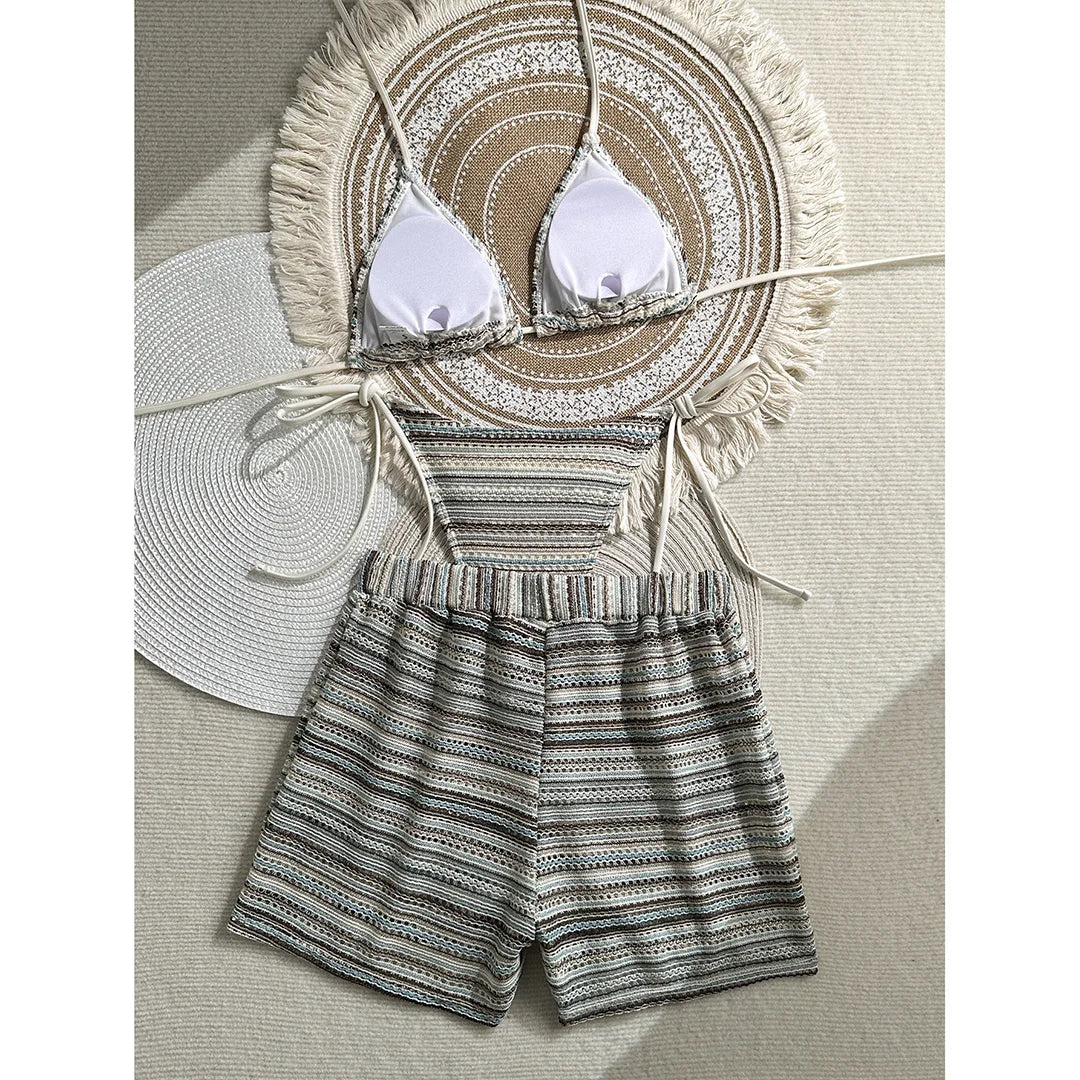 Striped Halter High Cut With Shorts Bikini Three-pieces Bikini set Female Swimsuit Bathing Suit Women Swimwear Bather Swim V6326