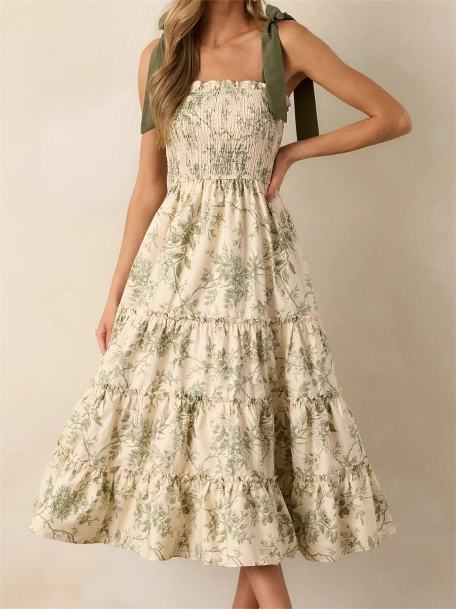 Women's Summer Floral Print Dresses Stylish Ruffled Trim Smocked Sleeveless Tie-Shoulder A-Line Dress