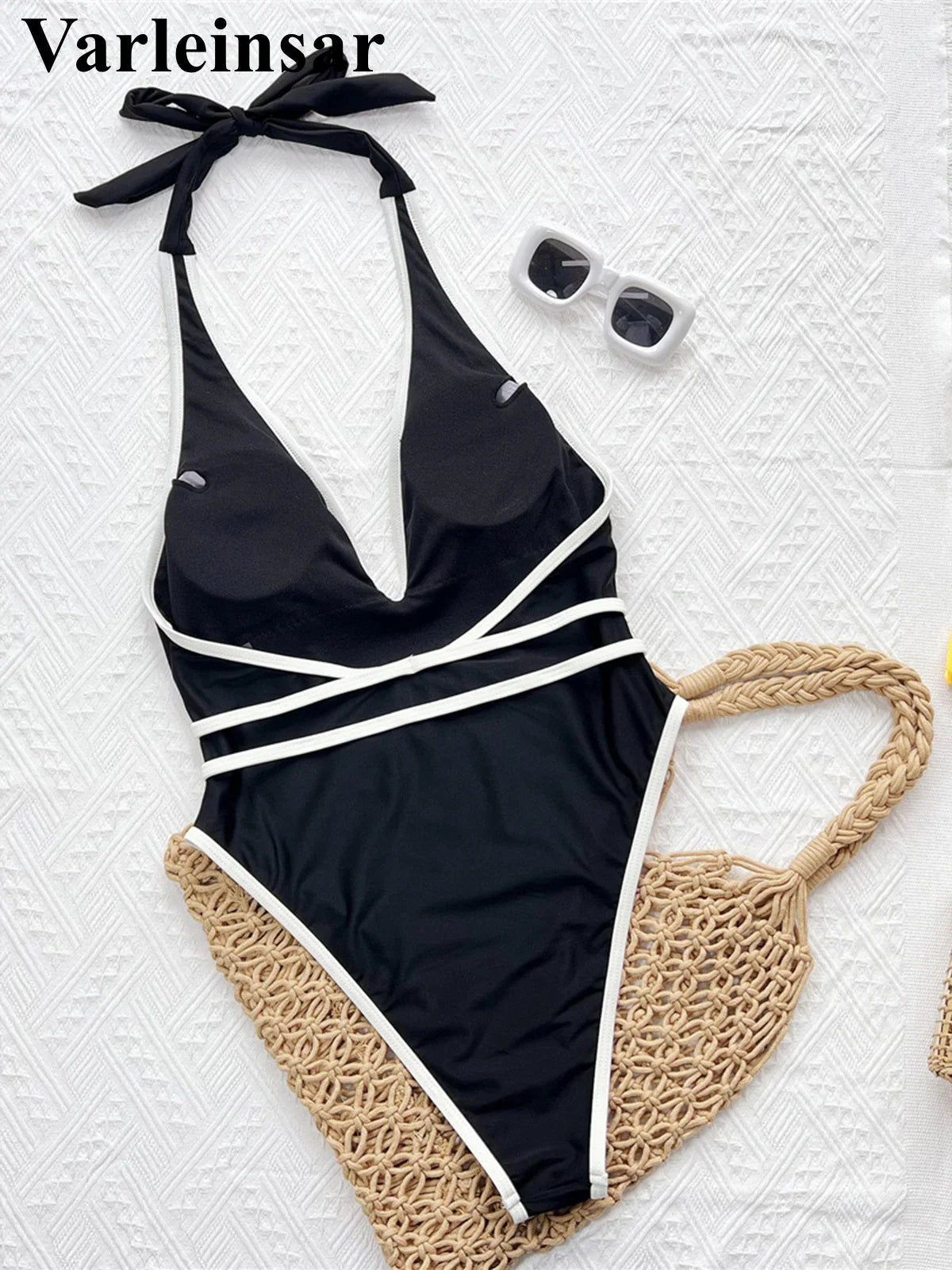 Sexy Deep V Neck Halter With Belt One Piece Swimsuit Women Swimwear Female High Cut Leg Monokini Bather Bathing Suit Swim V7602