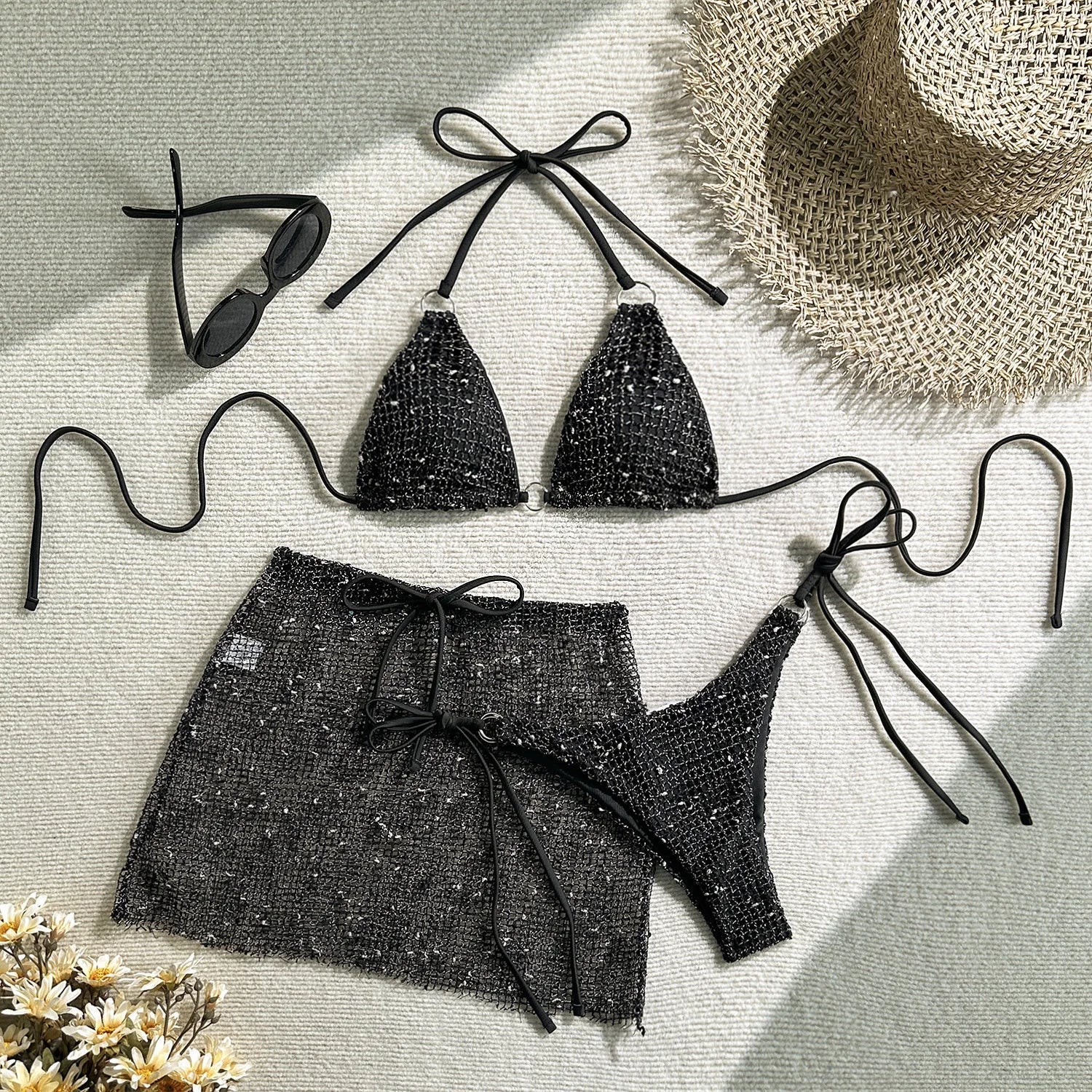With Mesh Sarong Skirt Halter Bikini Women Swimwear Female Swimsuit Three-pieces Bikini Set Fishnet Bathing Suit Swim Beachwear